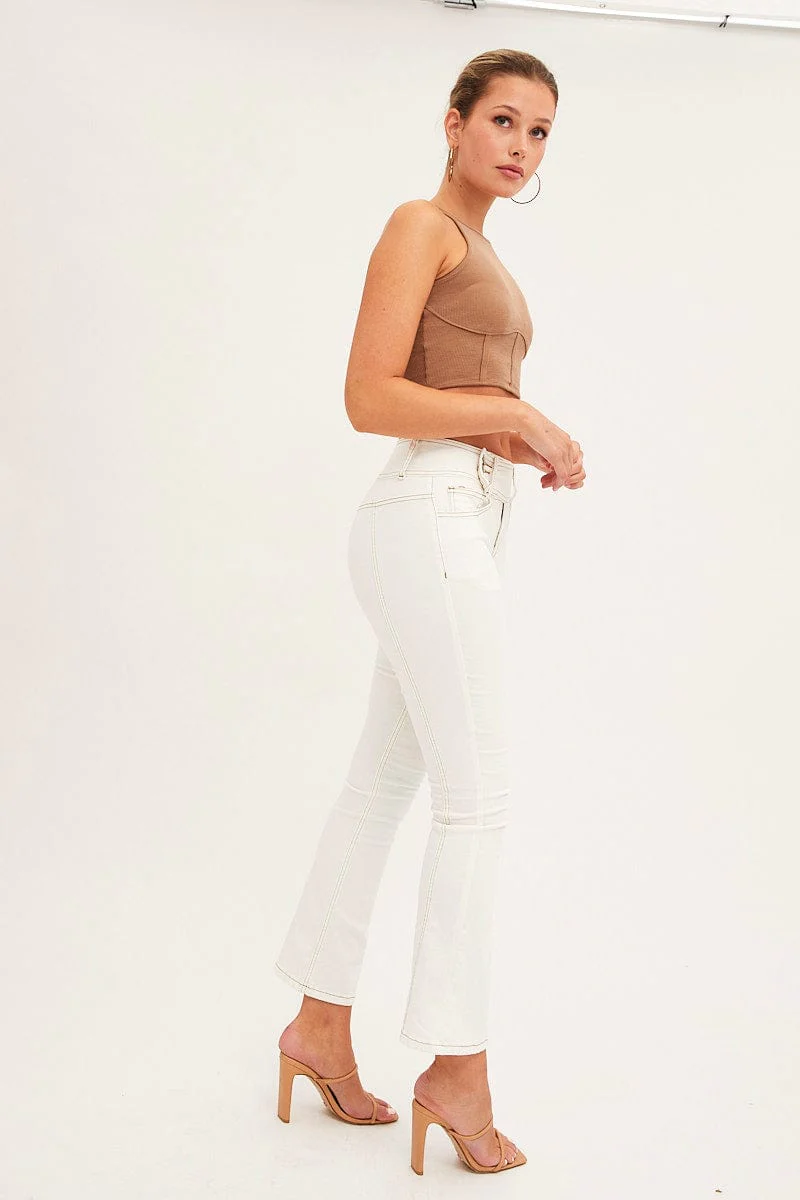 White Low Waist Belted Flared Jeans - Image 4