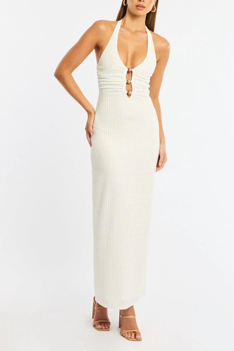 White Maxi Dress Beading Trim Textured Fabric - Image 5