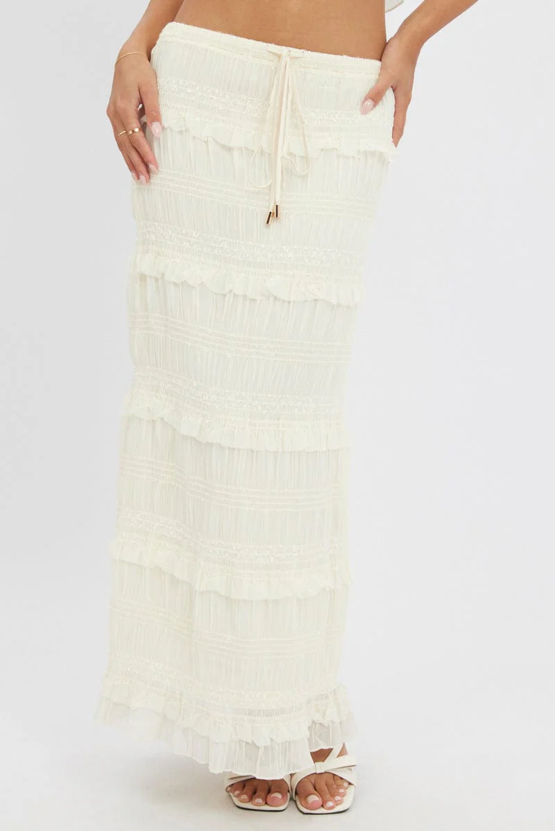 White Maxi Skirt Elastic Waistband Ruffle Textured - Image 2