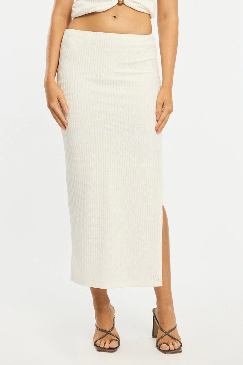 White Maxi Skirt Elasticated Waist Side Split Textured - Image 2