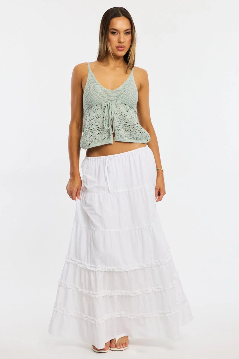 White Maxi Skirt Elasticated Waist Tiered Frilled Detail