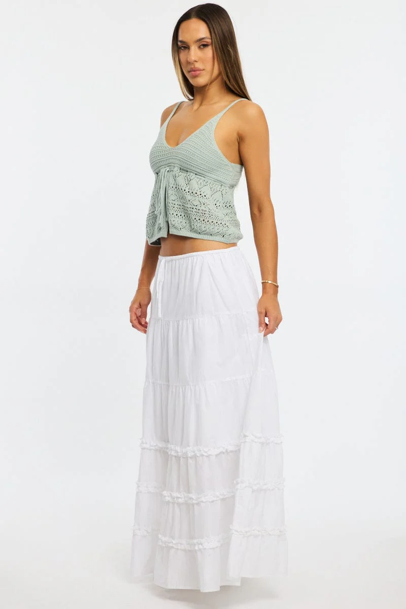 White Maxi Skirt Elasticated Waist Tiered Frilled Detail - Image 3