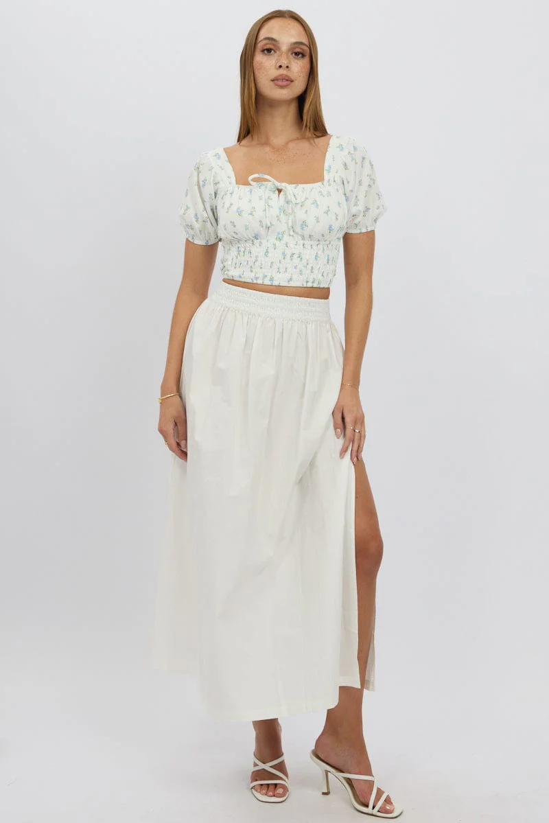 White Maxi Skirt Shirred Waist Relaxed Fit - Image 4