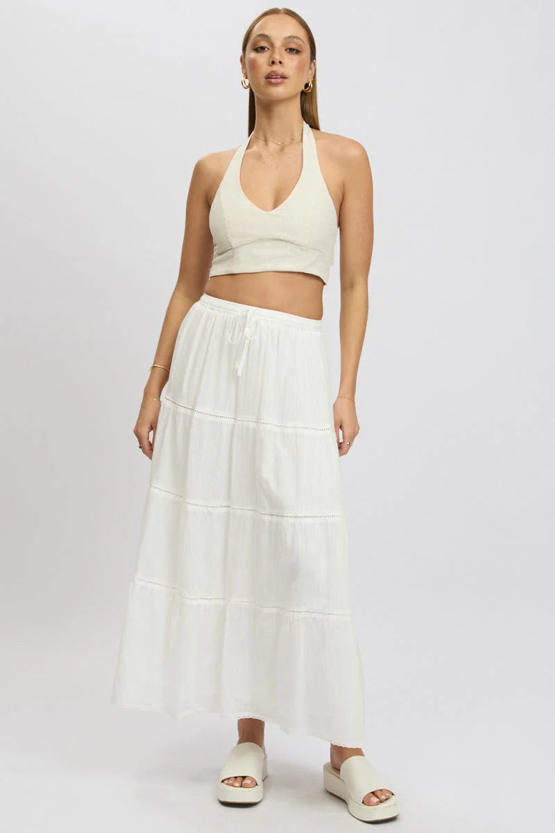 White Maxi Skirt Tiered High Rise Lace Trim - Image 3