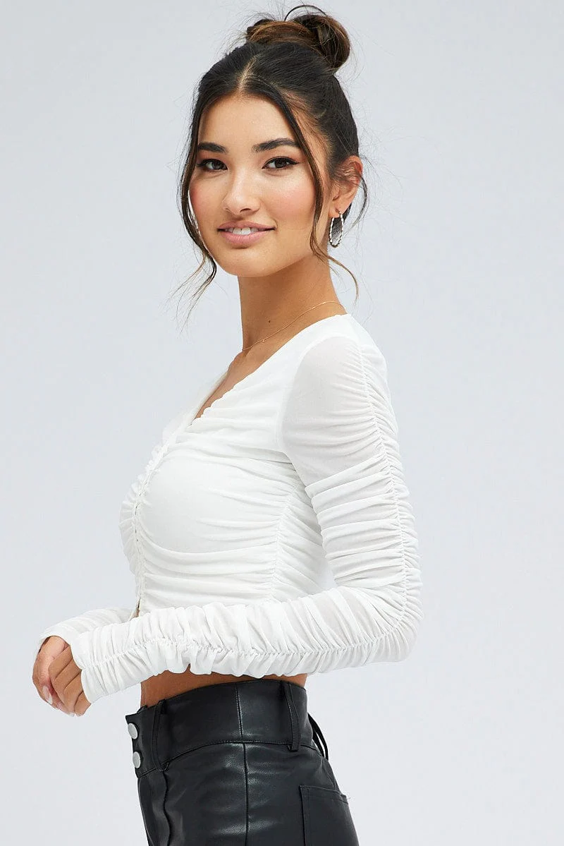 White Mesh Top Long Sleeve Ruched Hook And Eye - Image 4