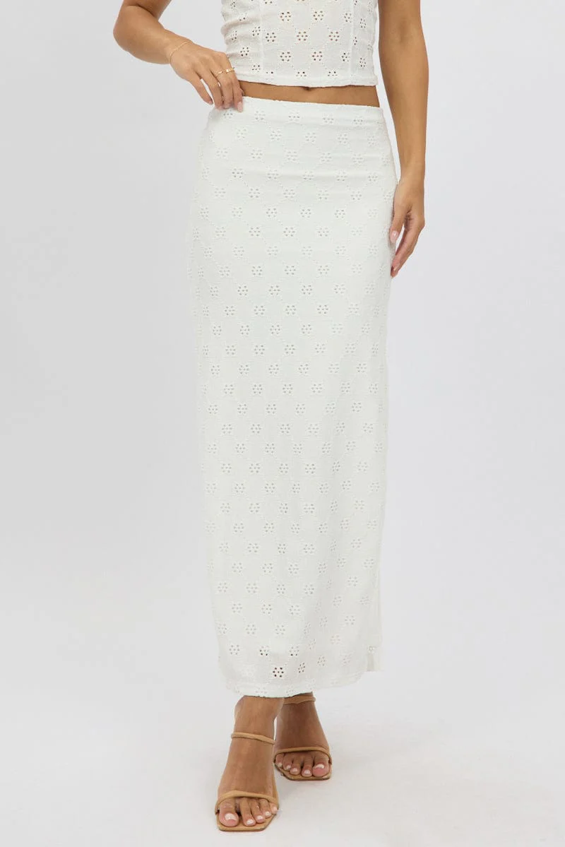 White Midaxi Skirt High Rise Stretch Eyelet - Image 3