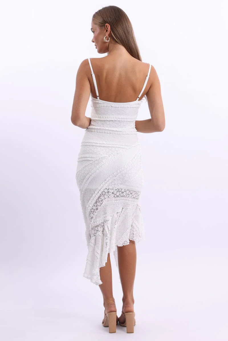 White Midi Dress Asymmetric Hem Lace - Image 5