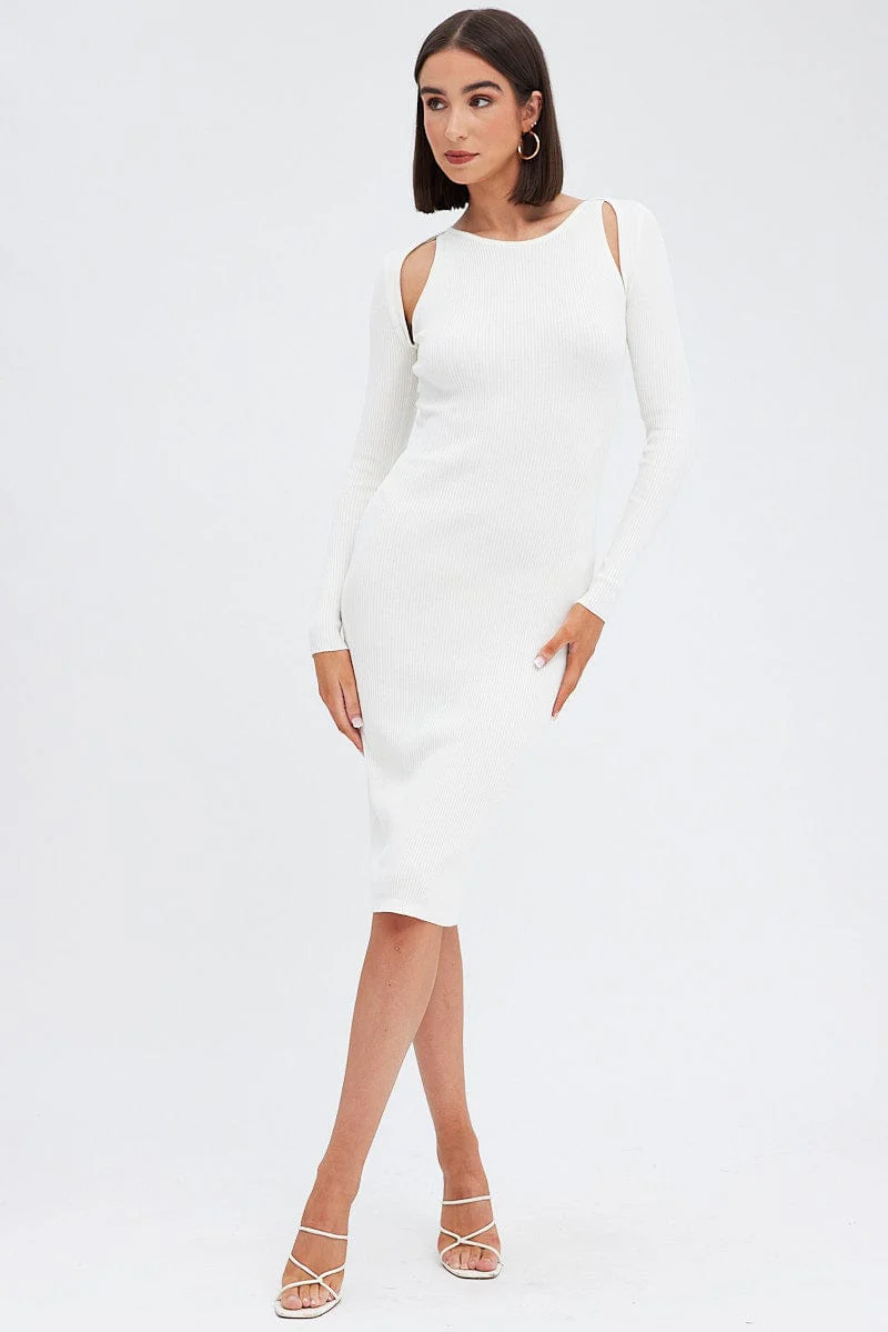 White Midi Dress Long Sleeve Keyhole Bodycon Rib Knit - Image 2