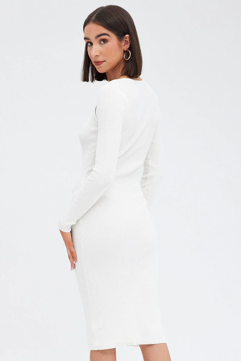 White Midi Dress Long Sleeve Keyhole Bodycon Rib Knit - Image 5