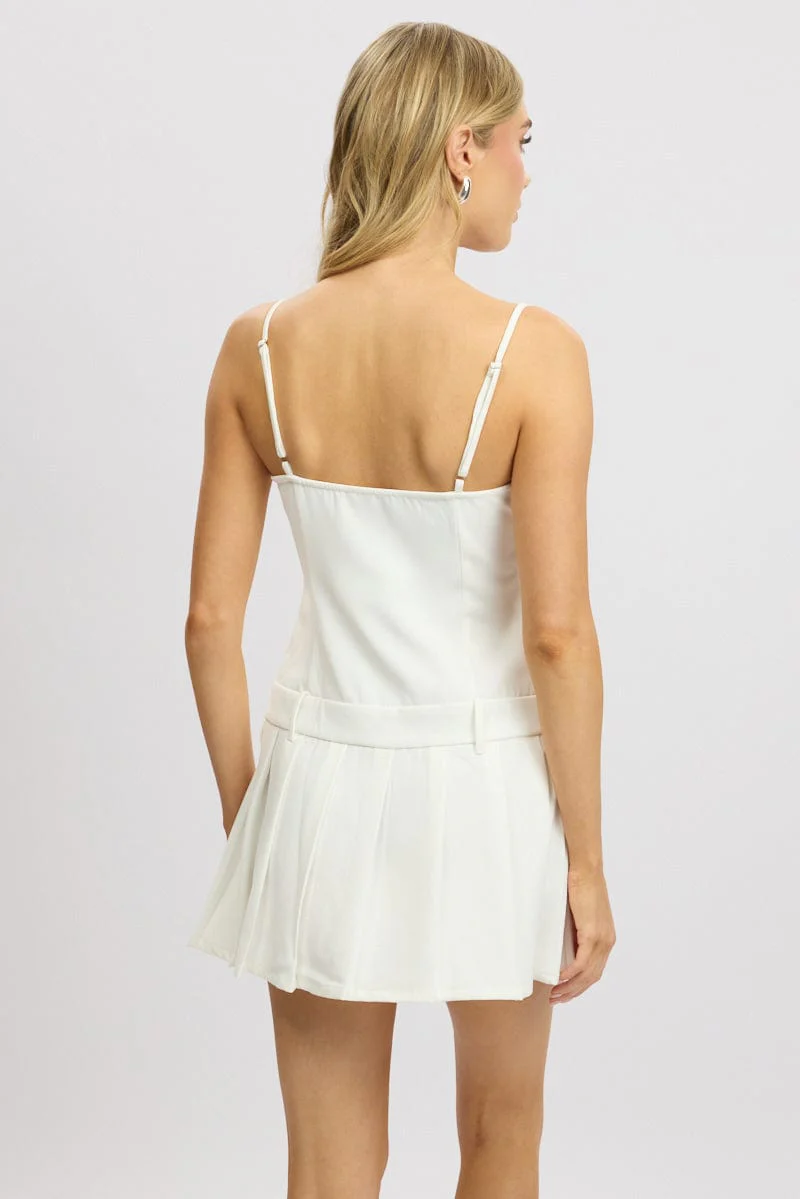 White Mini Dress Drop Waist Pleated - Image 5