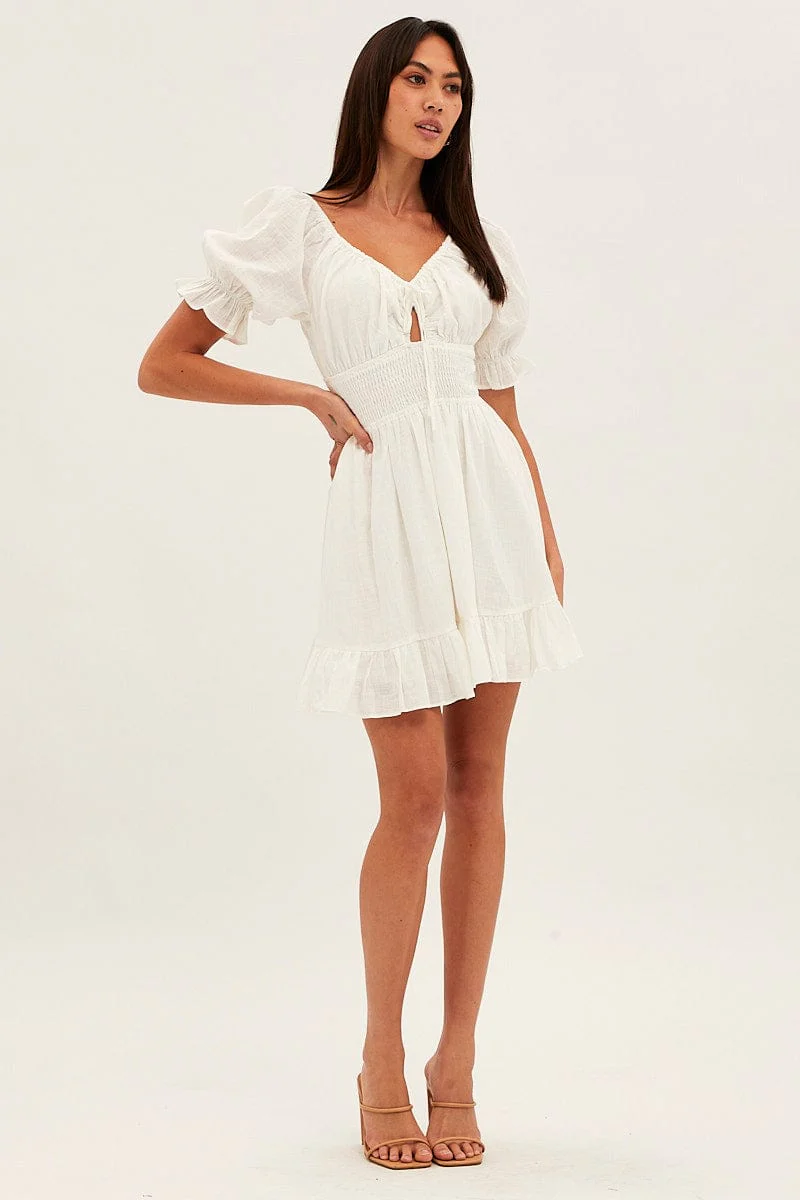 White Mini Dress Fit & Flare Puff Sleeve V-Neck - Image 2
