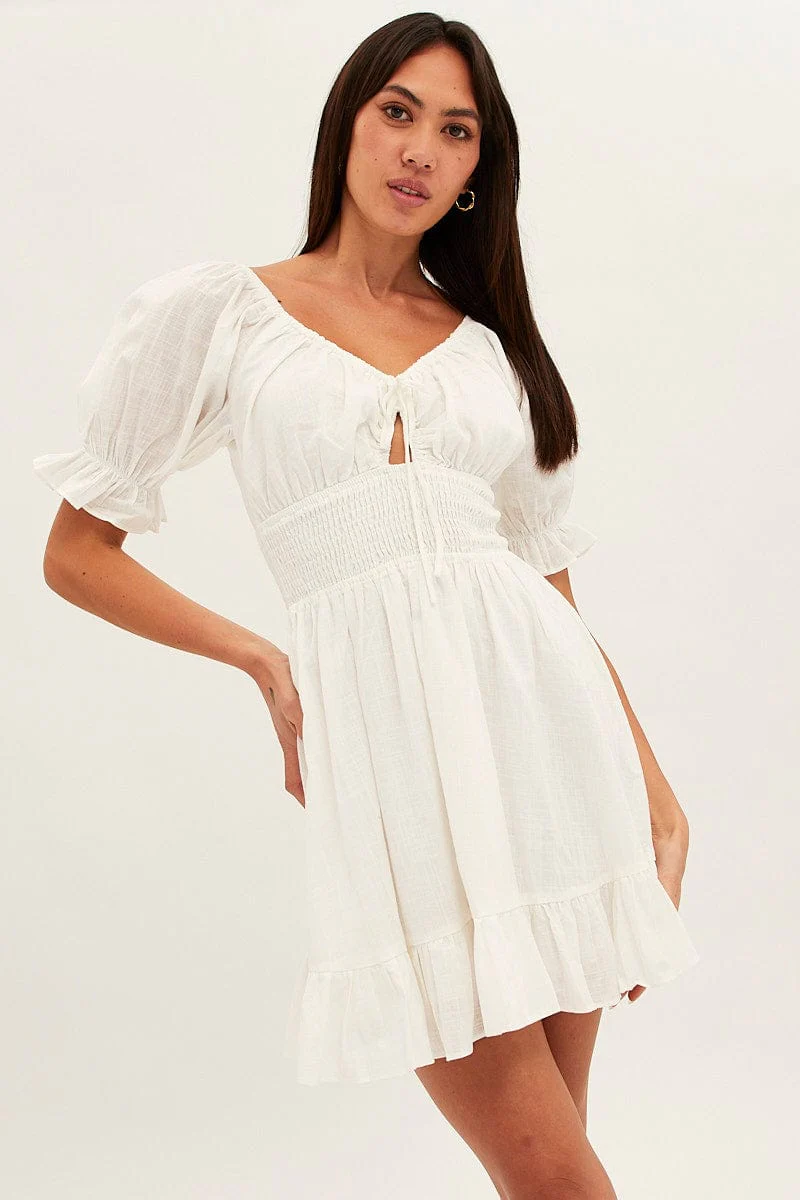 White Mini Dress Fit & Flare Puff Sleeve V-Neck - Image 3