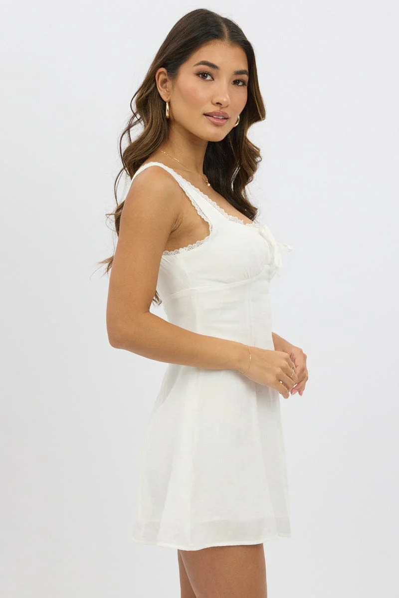 White Mini Dress Gathered Bust - Image 4