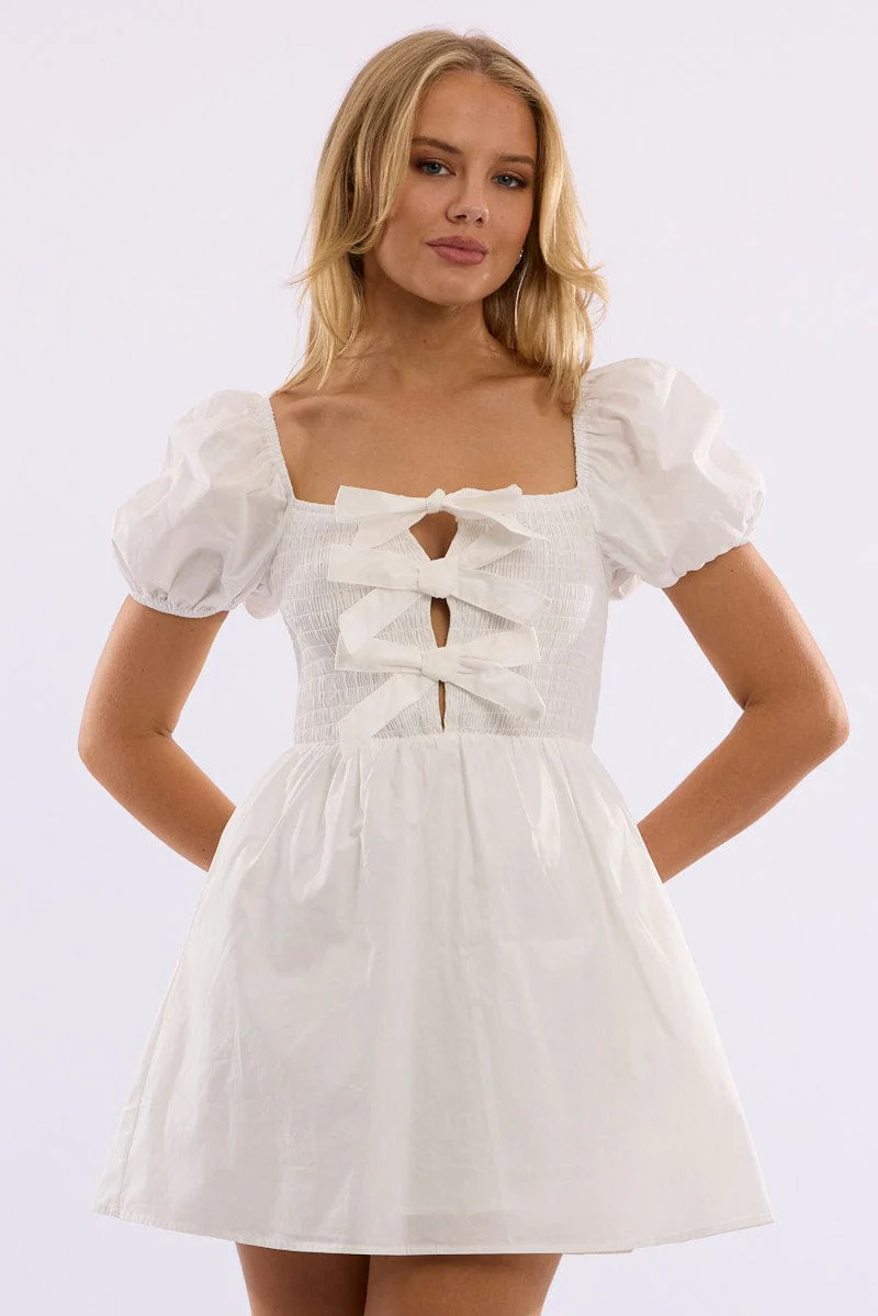 White Mini Dress Ribbon Detail - Image 2