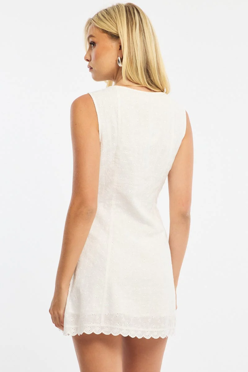 White Mini Dress V-neck Eyelet Fabric - Image 4