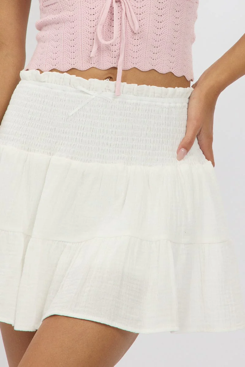 White Mini Skort Skirt Shirred Waist Cotton Textured Lined - Image 6