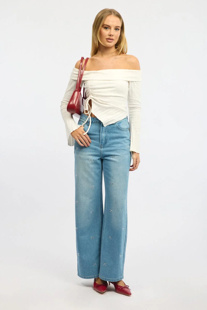 White Off Shoulder Top Long Sleeve Ruched - Image 2