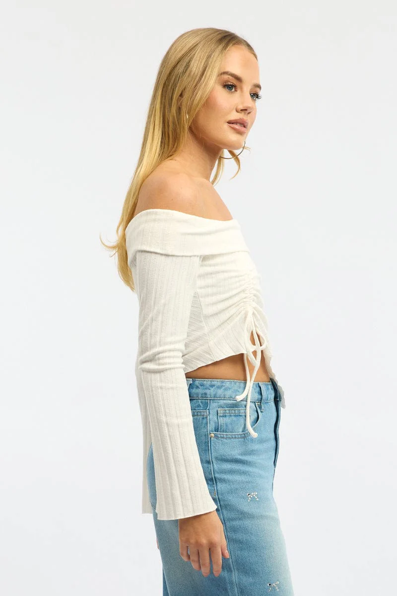 White Off Shoulder Top Long Sleeve Ruched - Image 3
