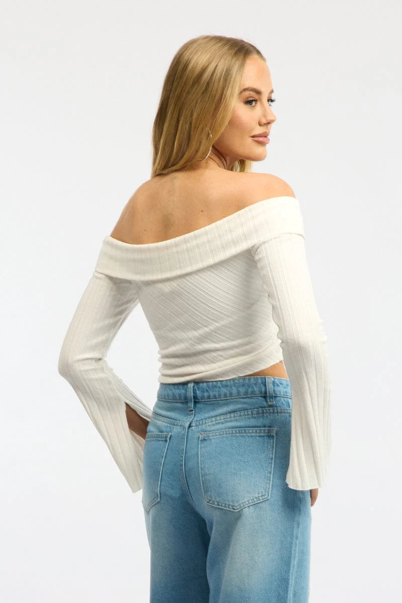 White Off Shoulder Top Long Sleeve Ruched - Image 4