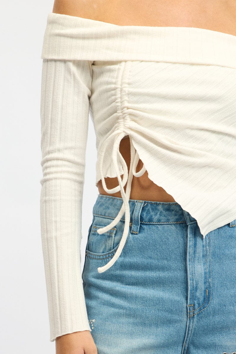 White Off Shoulder Top Long Sleeve Ruched - Image 5