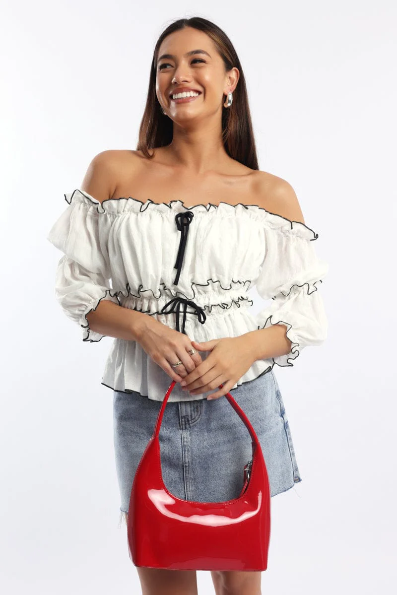 White Off Shoulder Top Mid Sleeve Gathered Detail - Image 2