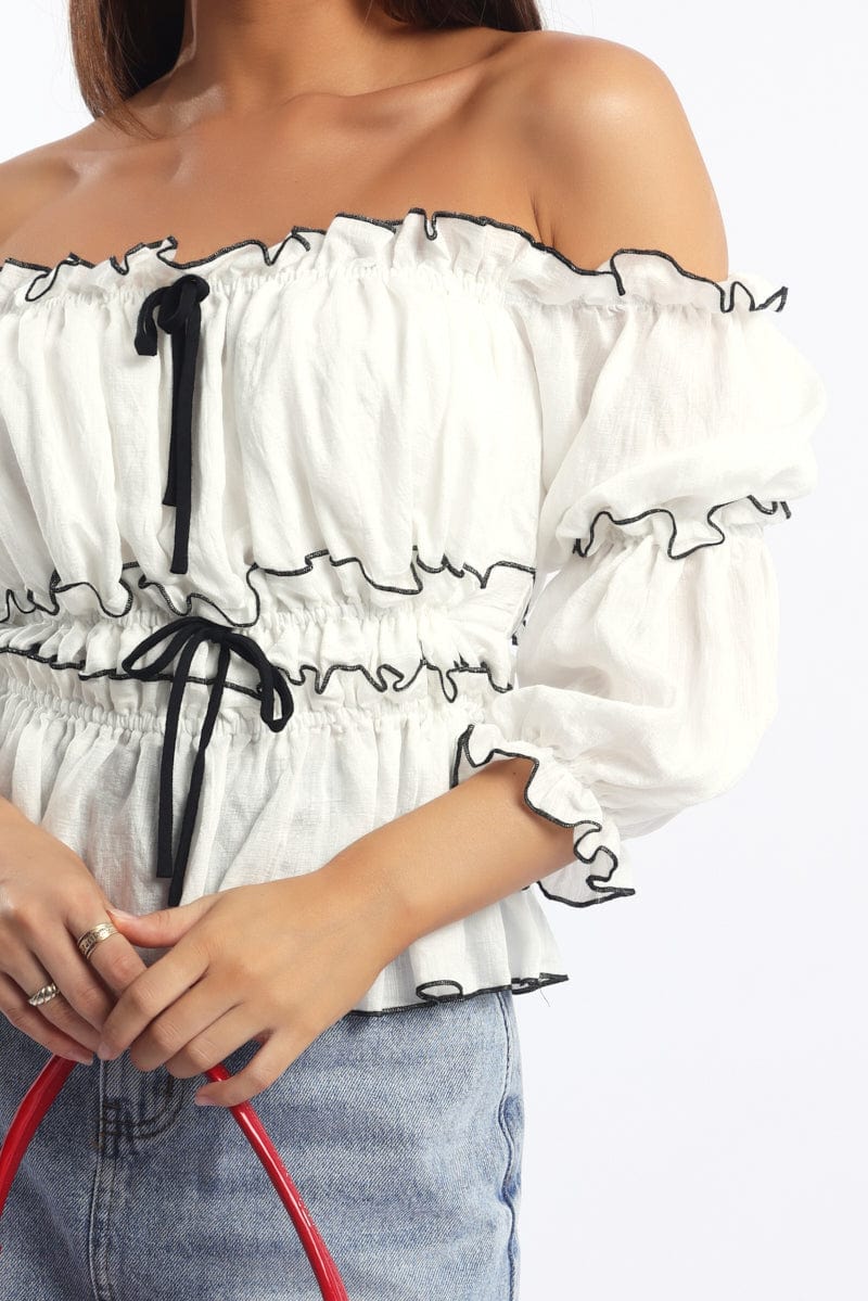 White Off Shoulder Top Mid Sleeve Gathered Detail - Image 5
