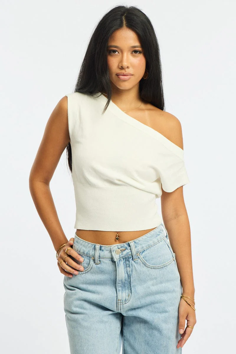 White One Shoulder Knit Top - Image 2