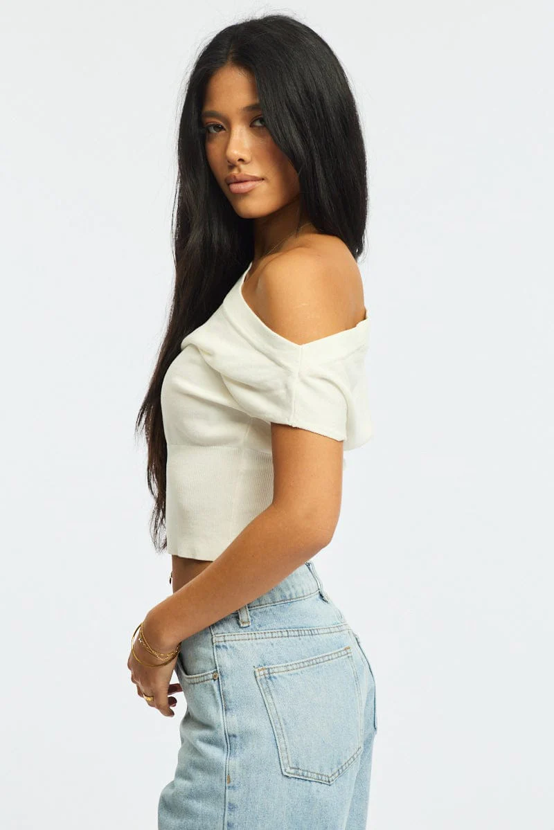 White One Shoulder Knit Top - Image 4