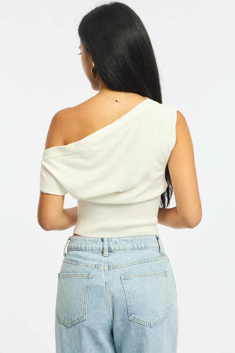 White One Shoulder Knit Top - Image 5