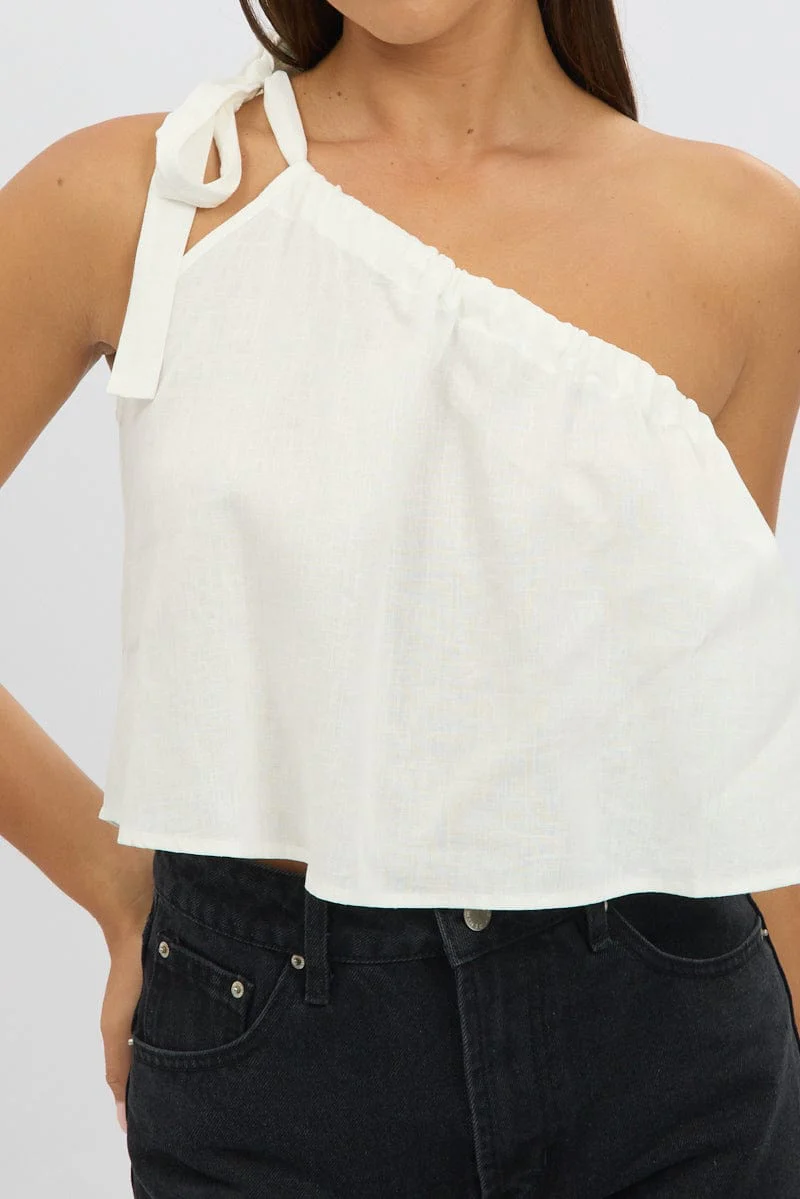 White One Shoulder Top Linen Blend - Image 6