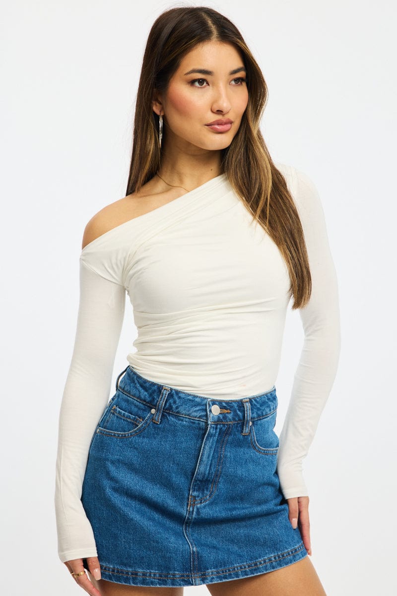 White One Shoulder Top Long Sleeve Modal