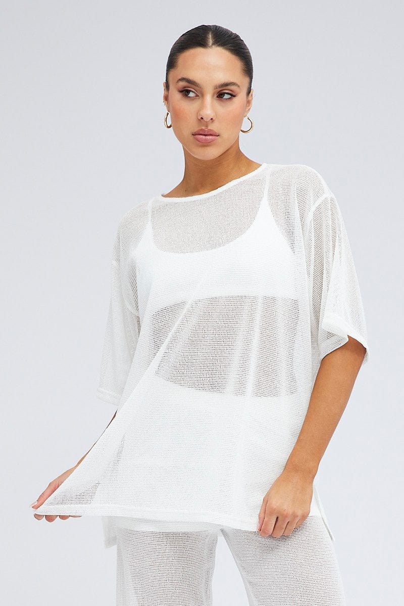 White Oversized Knit Top Short Sleeve Crew Neck - Image 3