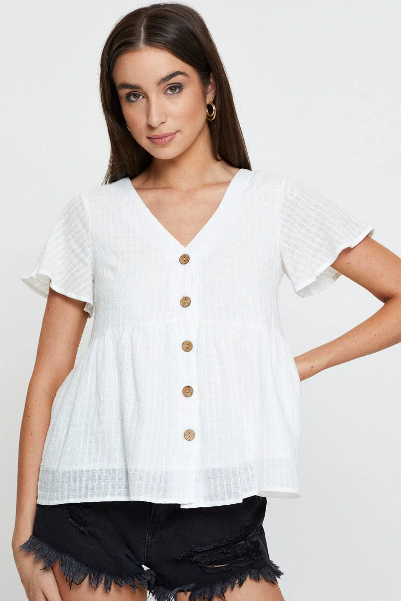 White Peplum Top Short Sleeve V-Neck Button Front - Image 3