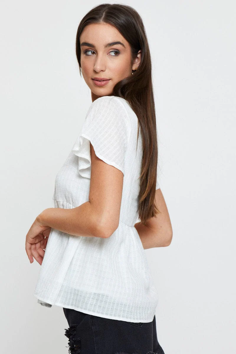 White Peplum Top Short Sleeve V-Neck Button Front - Image 4