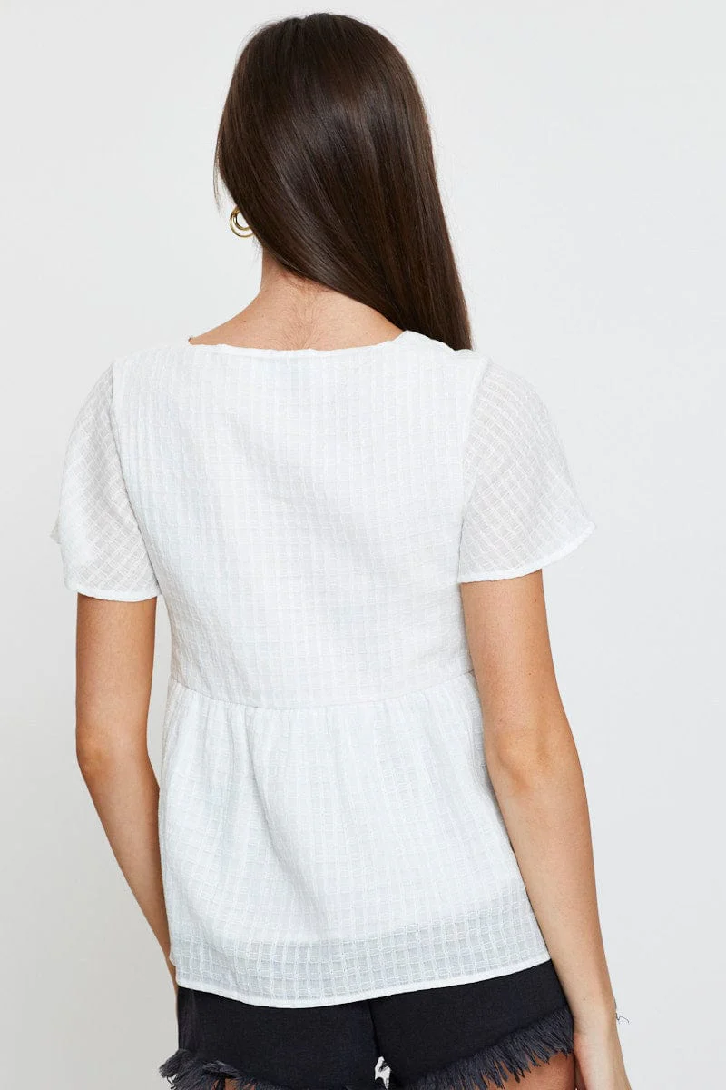White Peplum Top Short Sleeve V-Neck Button Front - Image 6