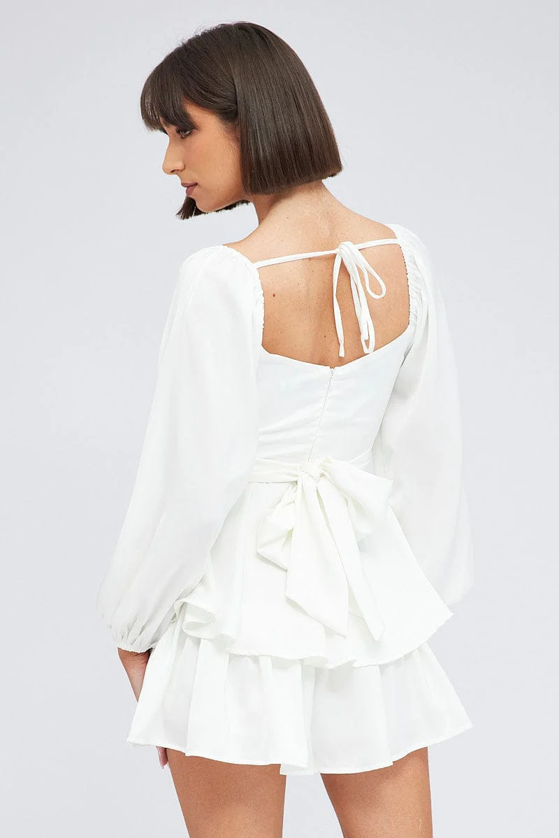 White Playsuit Long Sleeve V-Neck Waist Tie Matte Satin - Image 5