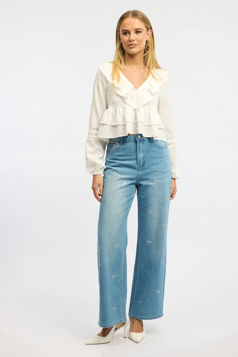 White Poet's Blouse Long Sleeve V-neck Ruffled Lace Tape - Image 2