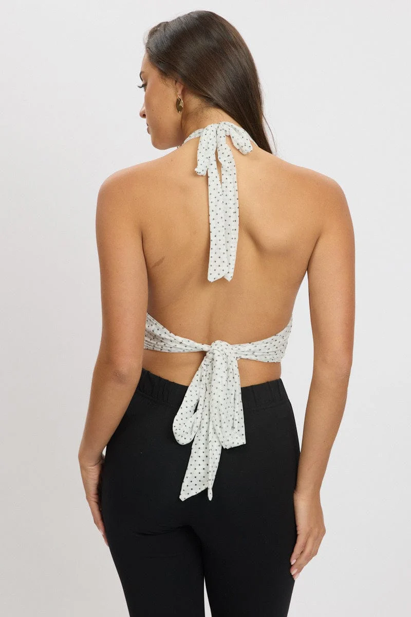 White Polka Dot Halter Neck Top Tie Back Mesh - Image 5