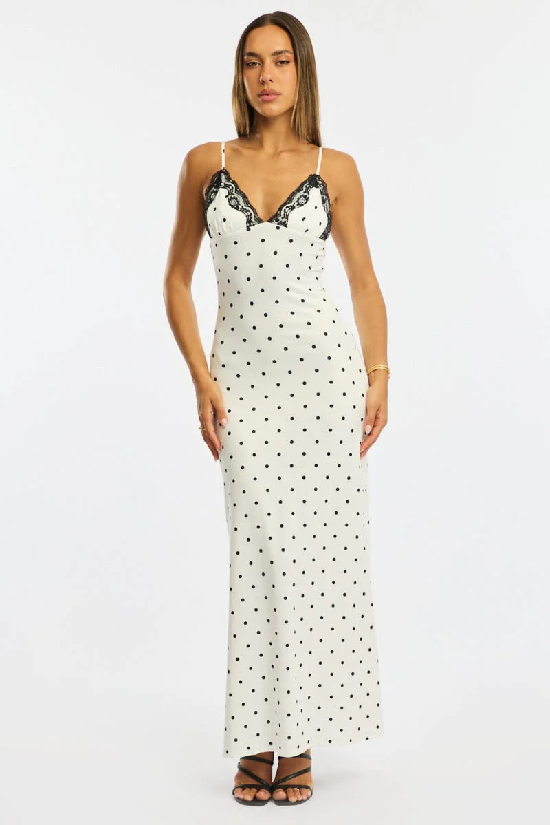 White Polka Dot Maxi Dress Lace Bust - Image 3