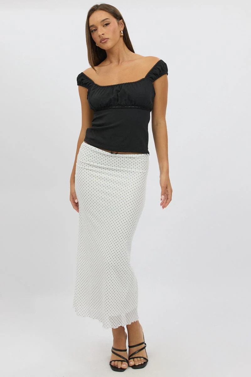 White Polka Dot Mesh Skirt Elasticated Picot Trim Midaxi - Image 2
