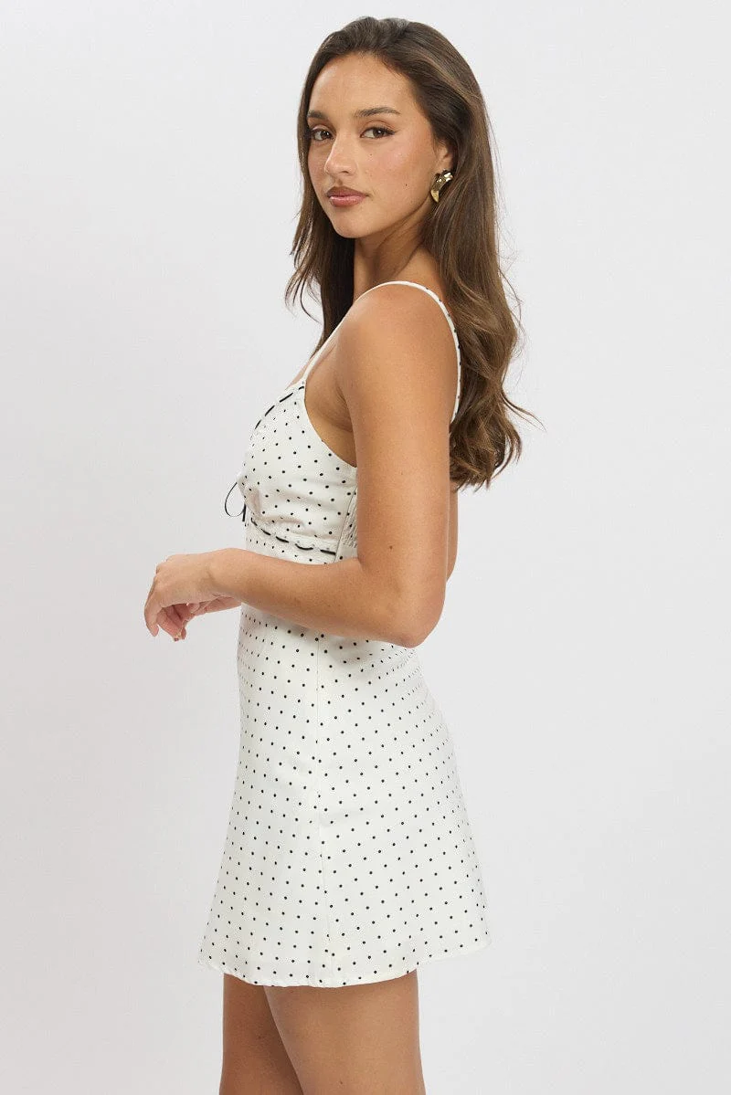 White Polka Dot Mini Dress V-Neck Strappy - Image 4