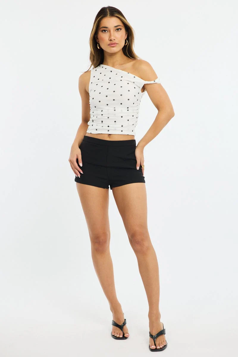 White Polka Dot Polka Dot Mesh Top Twist Off Shoulder - Image 2