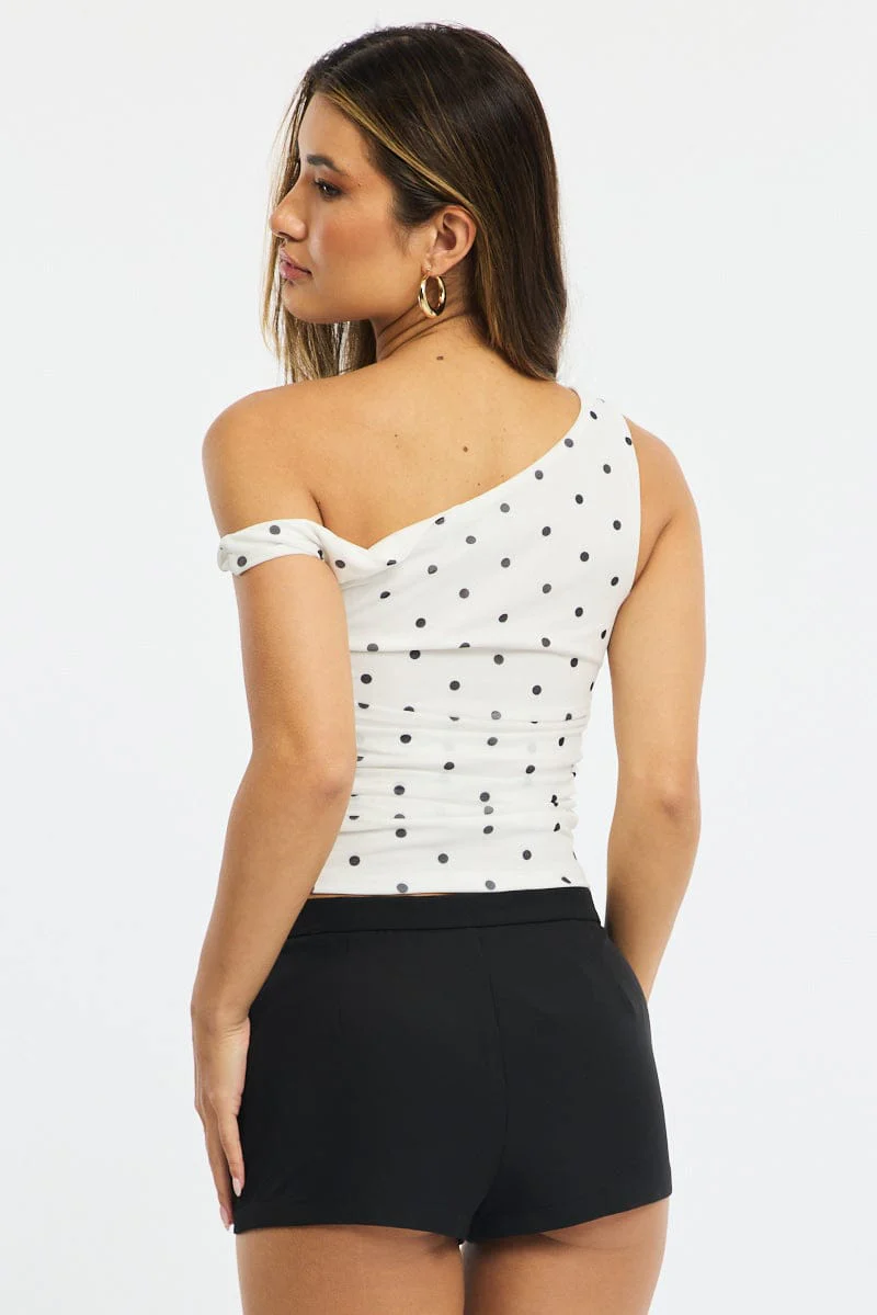 White Polka Dot Polka Dot Mesh Top Twist Off Shoulder - Image 4