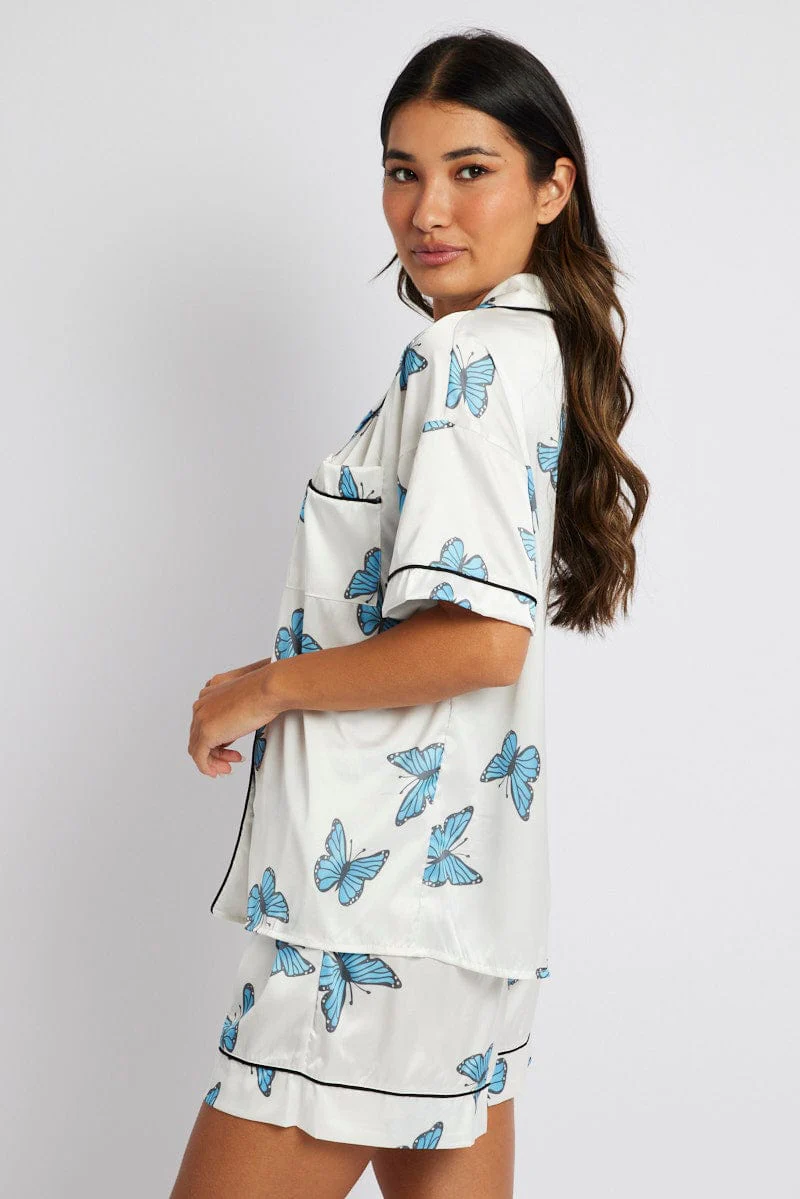White Print Butterfly Pyjama Set Short Sleeve Piping Satin PJ - Image 4