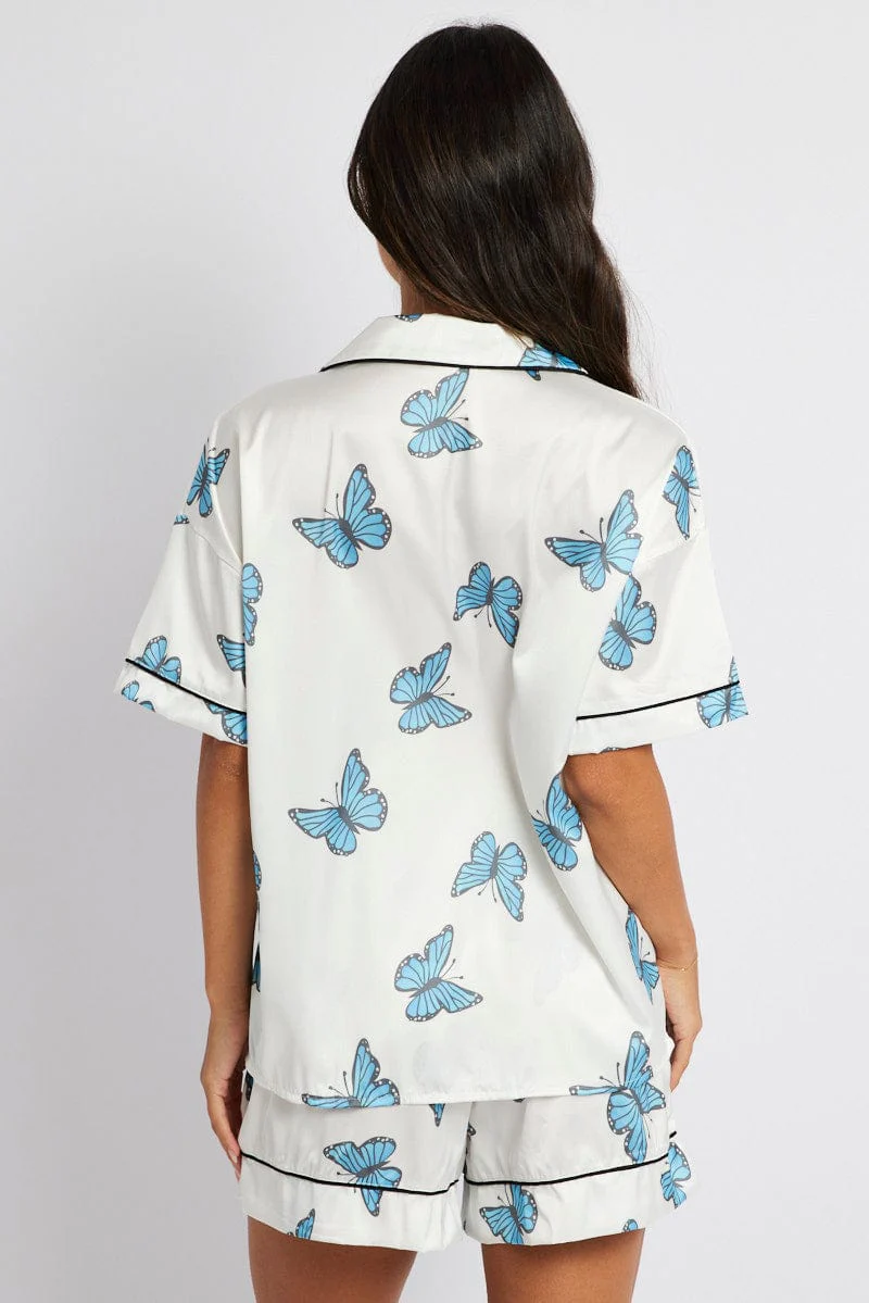 White Print Butterfly Pyjama Set Short Sleeve Piping Satin PJ - Image 5