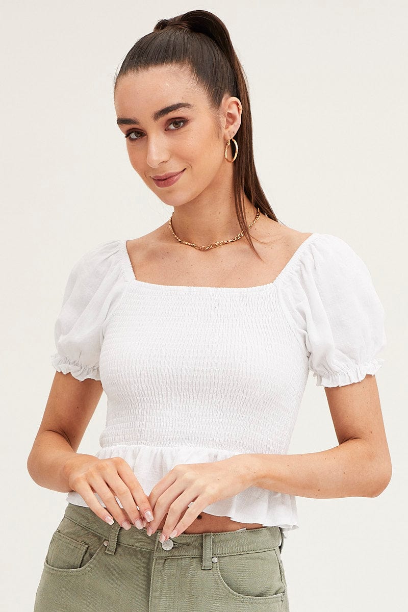 White Puff Sleeve Shirred Top - Image 3