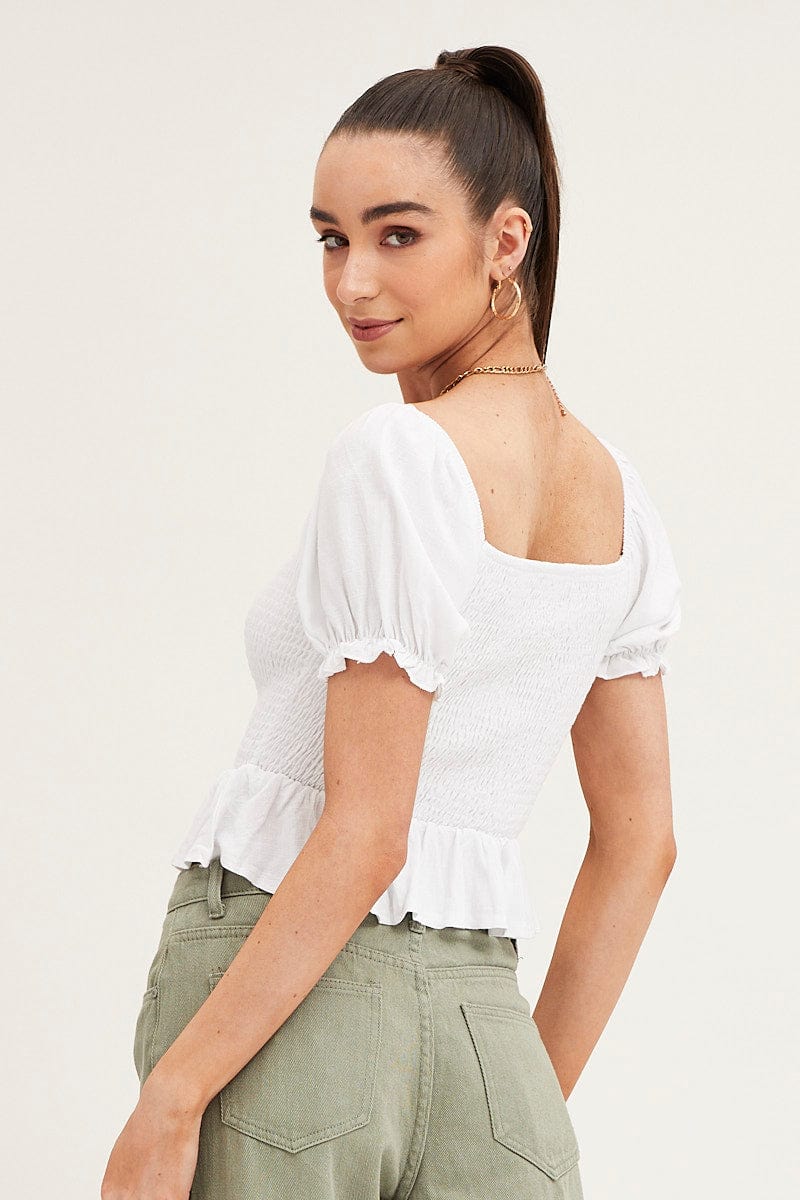 White Puff Sleeve Shirred Top - Image 5