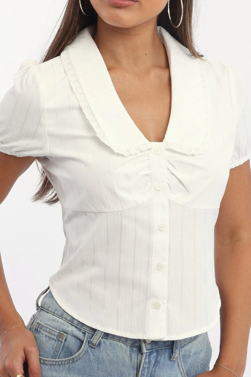 White Puff Sleeve Shirt Peter Pan Collar Button Up - Image 5