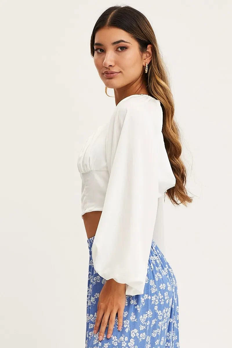 White Puff Sleeve Top Long Sleeve Crop Satin - Image 4