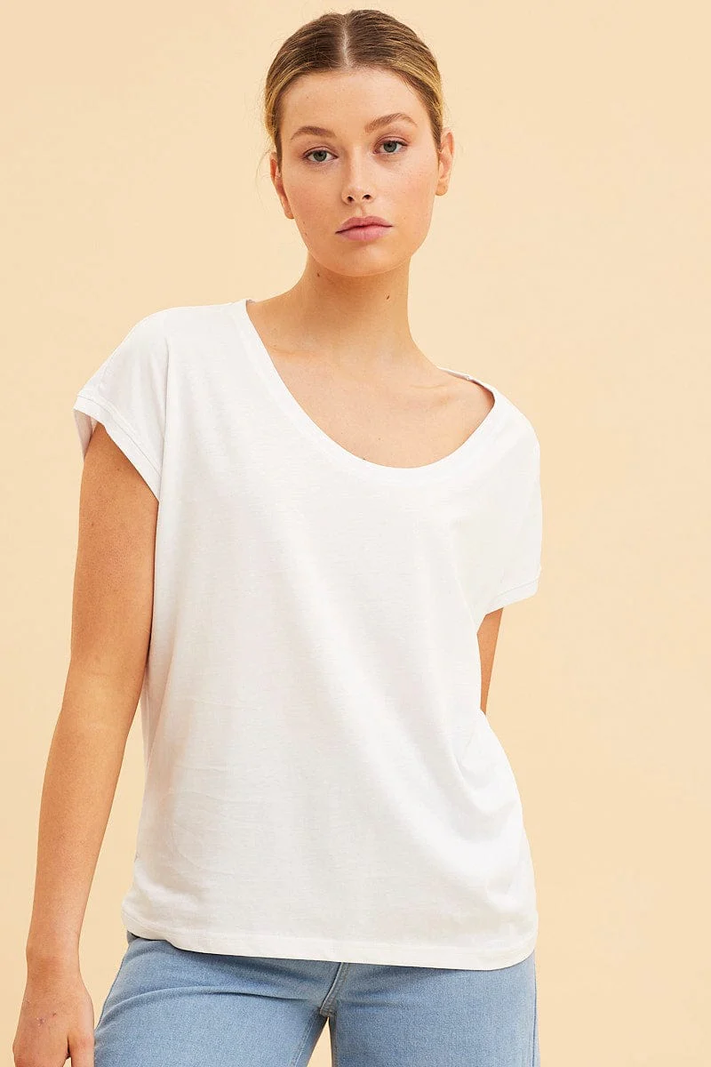 White Relaxed T-Shirt Scoop Neck Drop Shoulder - Image 3